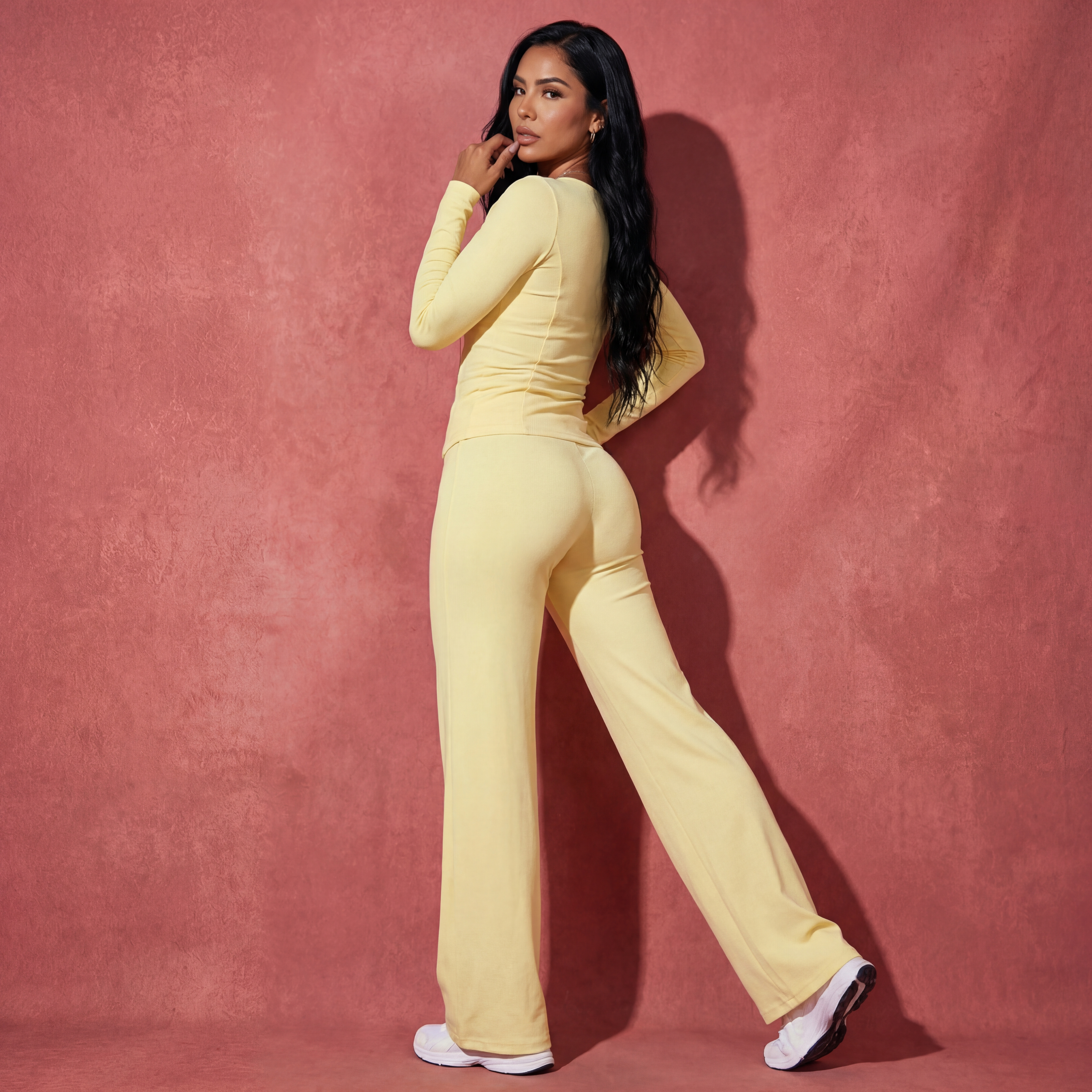 Stylish long sleeve shirt flare pants set in yellow from Xooie Fit, perfect for casual outings