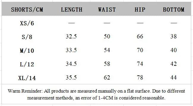 Shorts size chart (cm): length, waist, hip, and bottom measurements by size