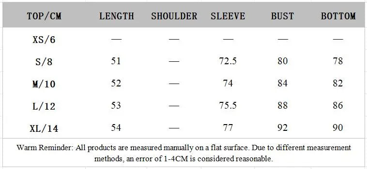 Top size chart (cm): length, shoulder, sleeve, bust, and bottom measurements by size