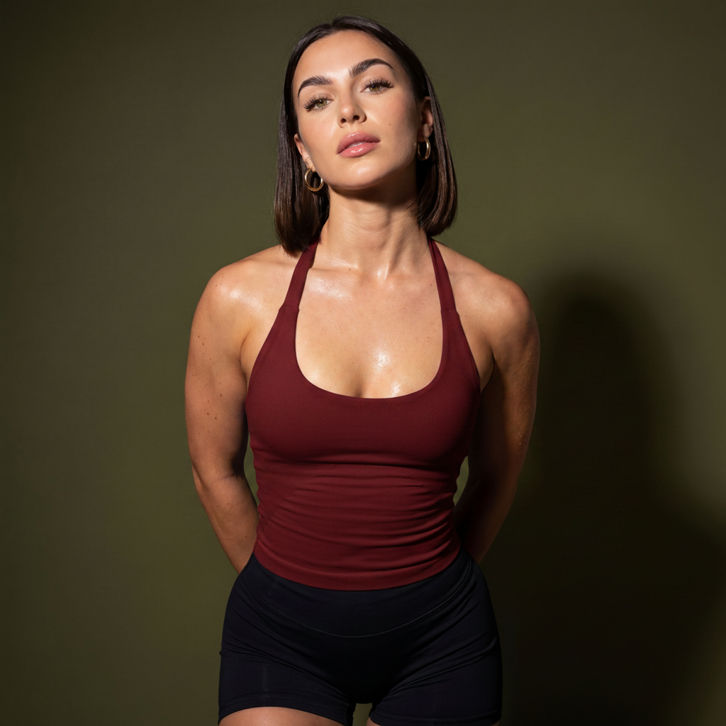 Active halter tank top, wine red, scoop neckline and ruched compression fit