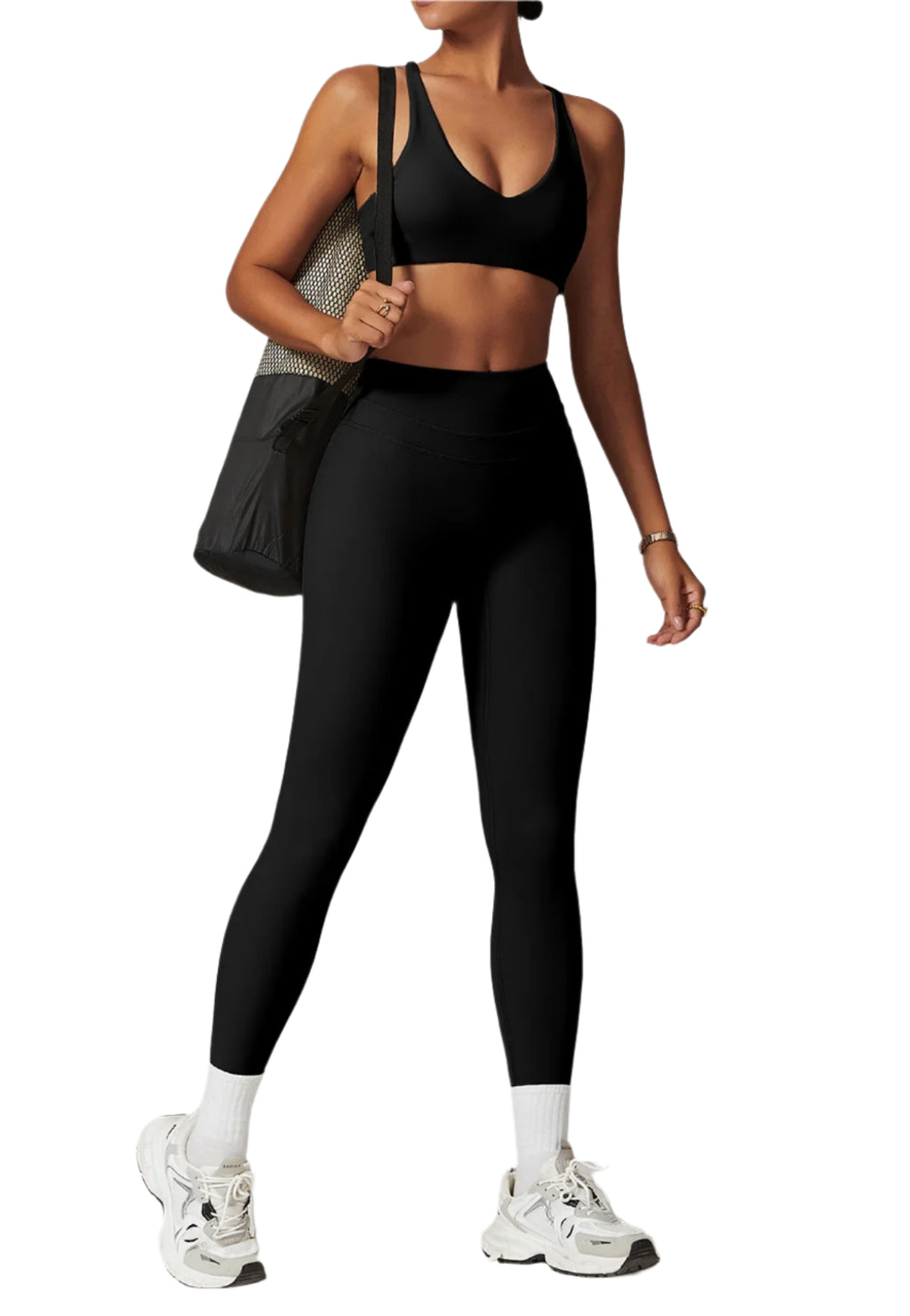 Xooie Fit matching workout set for running including a sports bra and high-waisted leggings