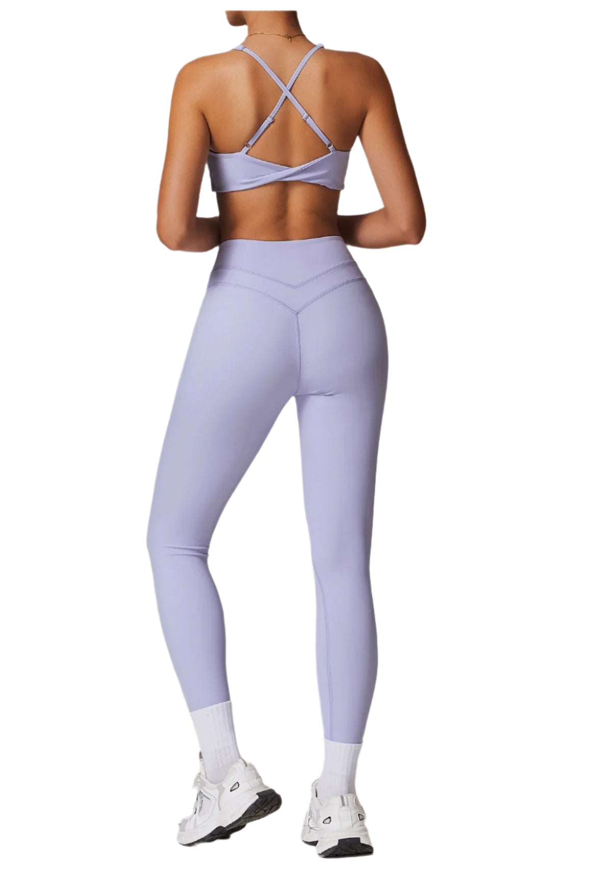 Xooie Fit Two-Piece Set in Lavender, a matching workout set for running with a stylish back design