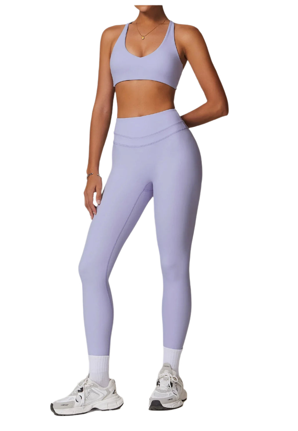 Light purple Xooie Fit matching workout set for running featuring a sports bra and high-waisted leggings