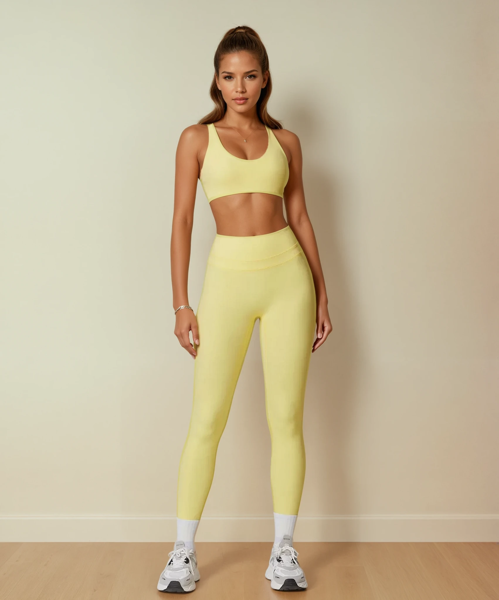Xooie Fit Yellow Two-Piece Set, a stylish matching workout set for running, featuring a crop top and high-waisted leggings