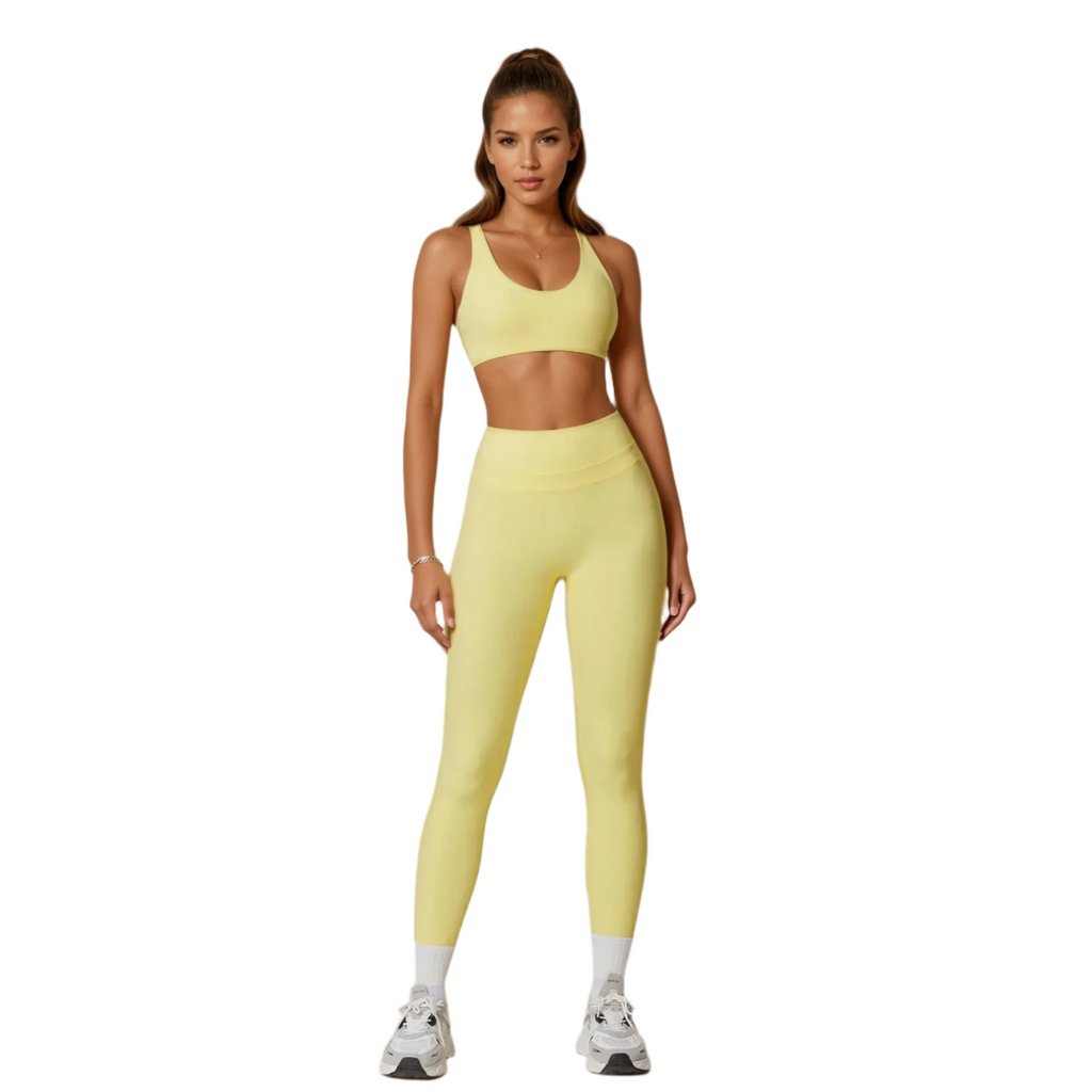 Xooie Fit Two-Piece Set in Yellow, perfect matching workout set for running, featuring a supportive sports bra and leggings
