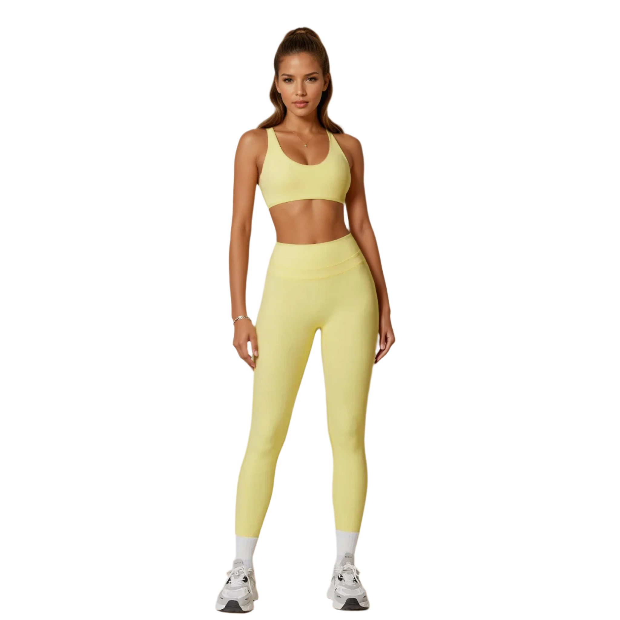 Xooie Fit Two-Piece Set in Yellow, perfect matching workout set for running, featuring a supportive sports bra and leggings