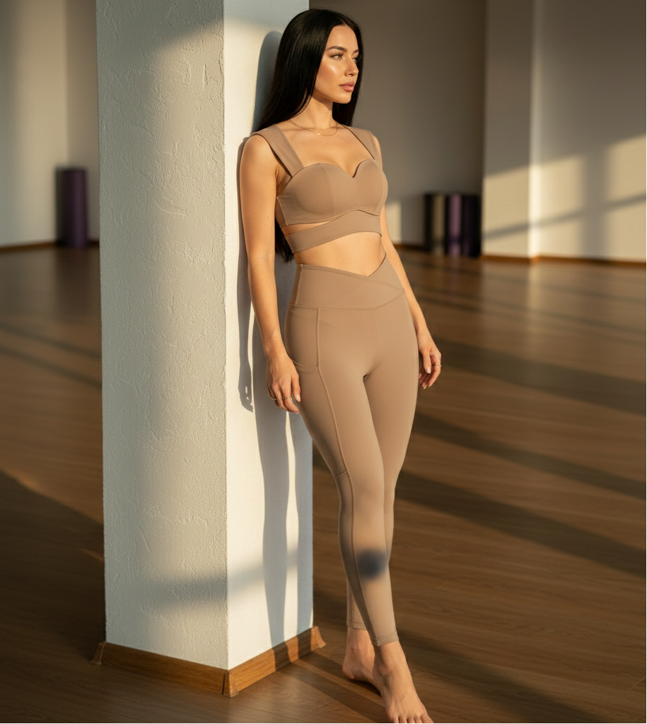 Xooie Fit matching yoga set for women in nude color, featuring a supportive sports bra and high-waisted leggings