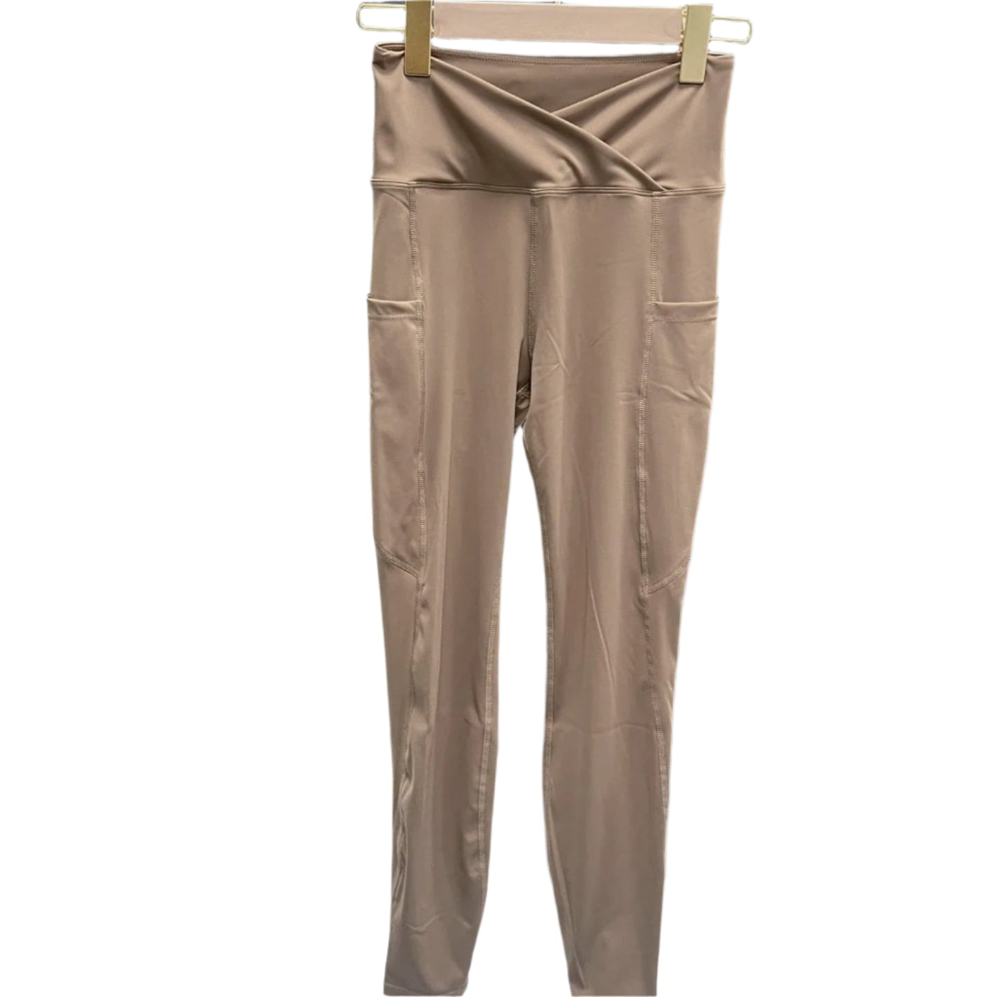 Xooie Fit matching yoga set for women featuring high-waisted leggings with pockets in a soft beige color