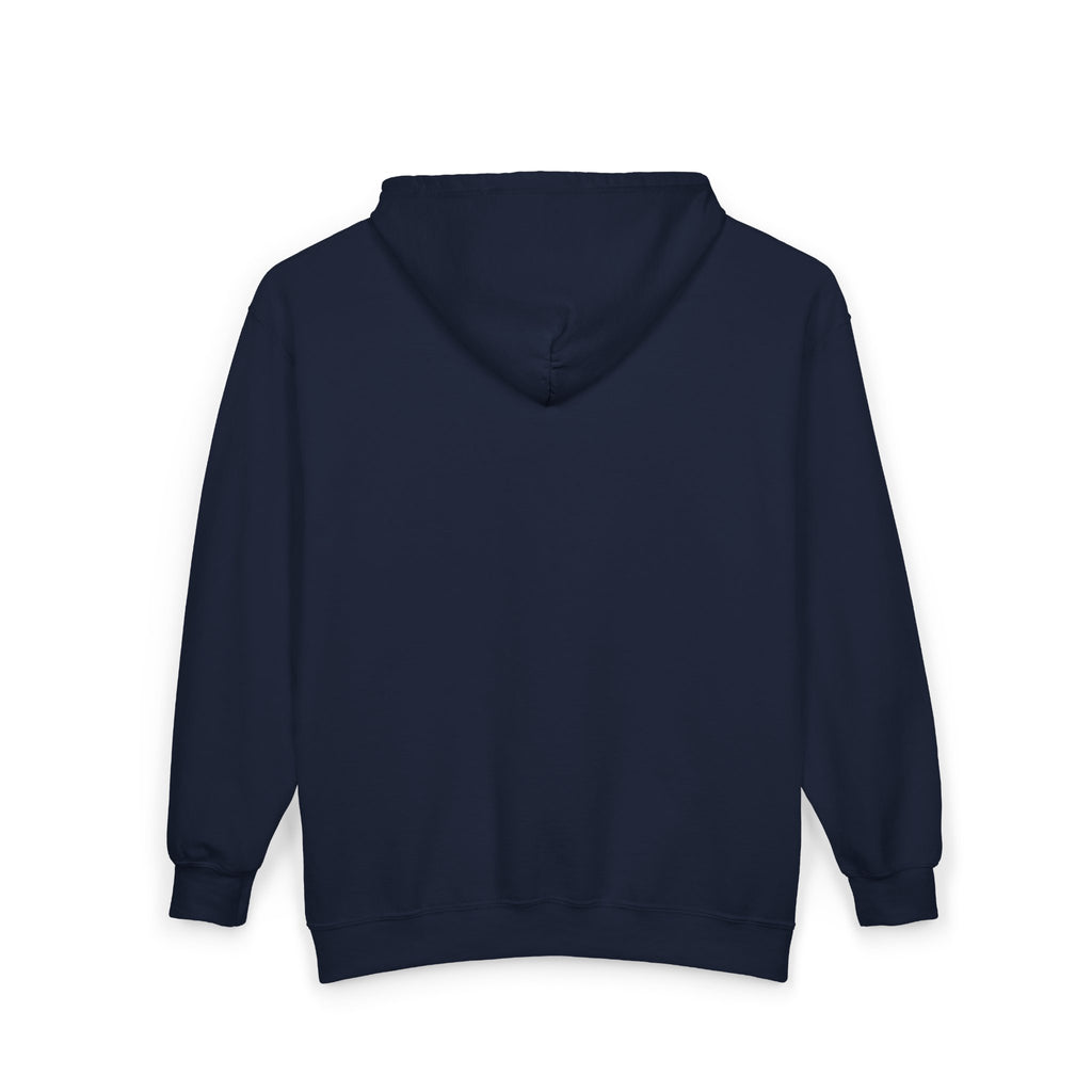 Dark navy full-zip hoodie, hooded back view with ribbed cuffs and hem