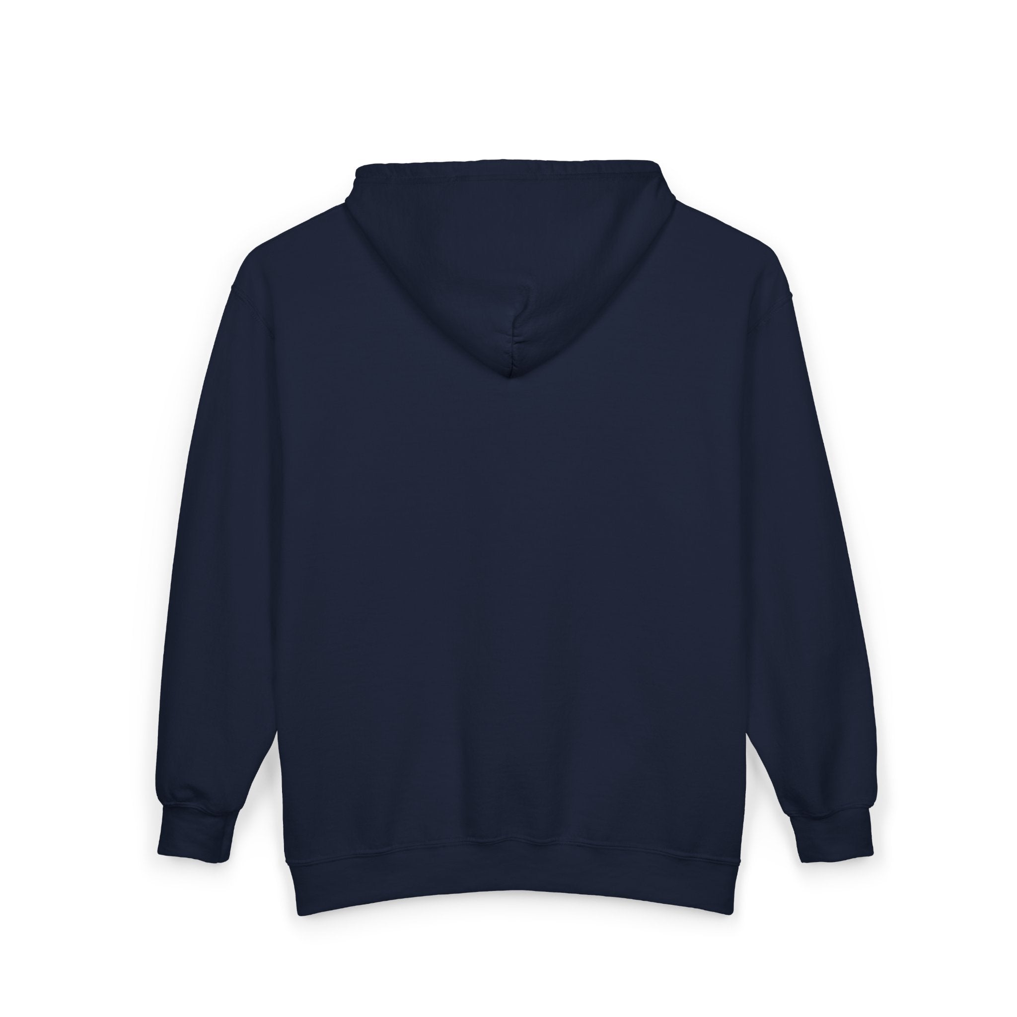 Dark navy full-zip hoodie, hooded back view with ribbed cuffs and hem