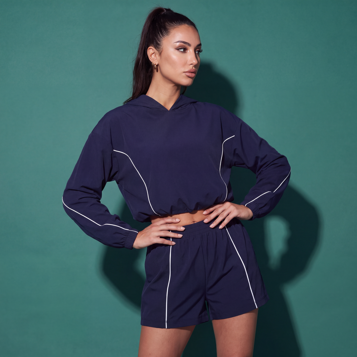Dark navy hooded sweatshirt and drawstring shorts set with white piping