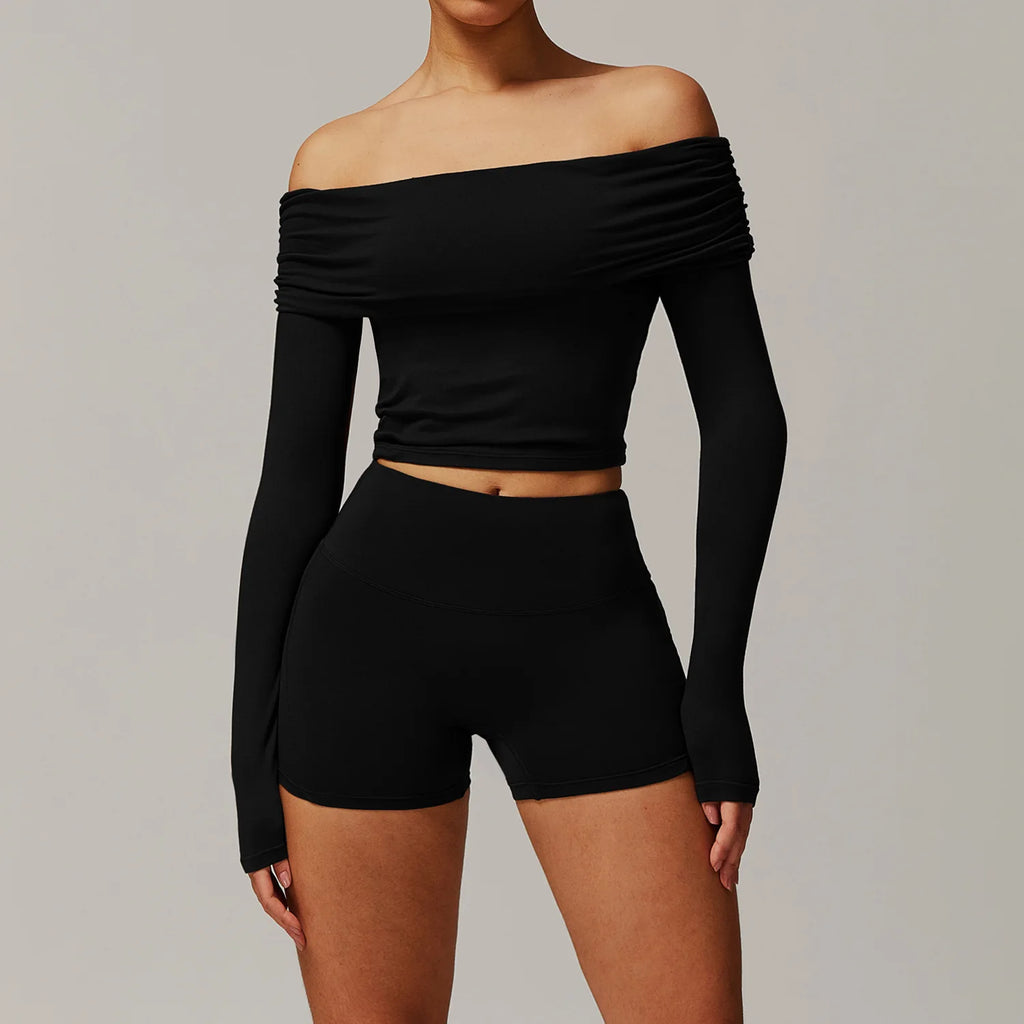 Xooie Fit black two-piece off shoulder workout set with long sleeves and high-waisted shorts