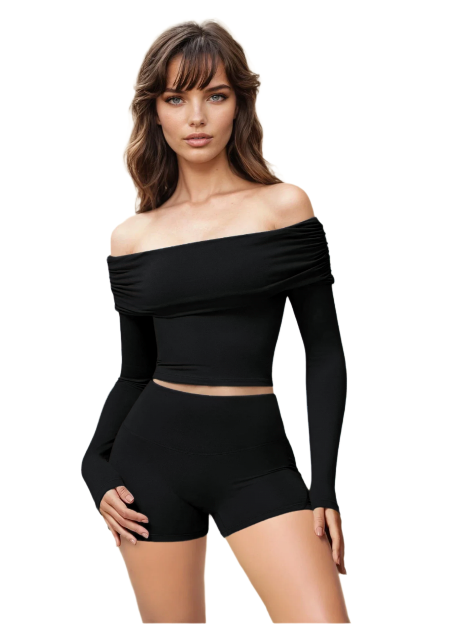 Xooie Fit black off shoulder workout set with long sleeve crop top and high-waisted shorts