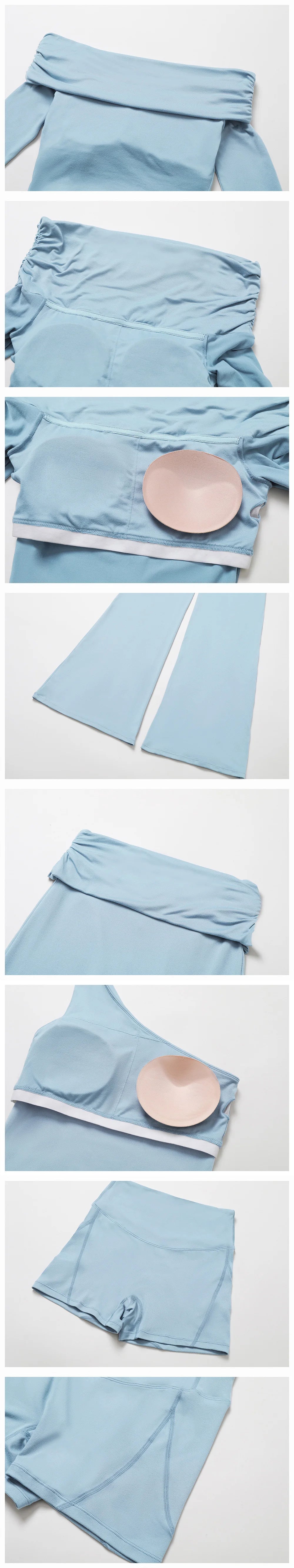 Xooie Fit light blue off shoulder workout set showing top, shorts, and fabric details