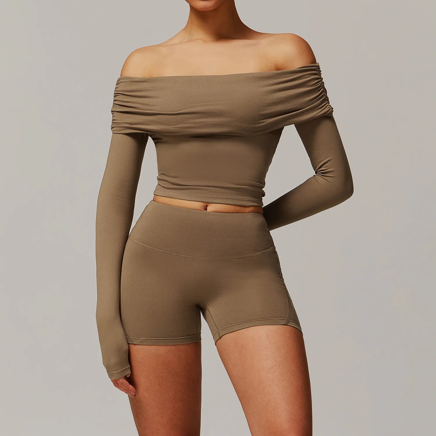 Xooie Fit taupe off shoulder workout set with long sleeves and high-waisted shorts two-piece set
