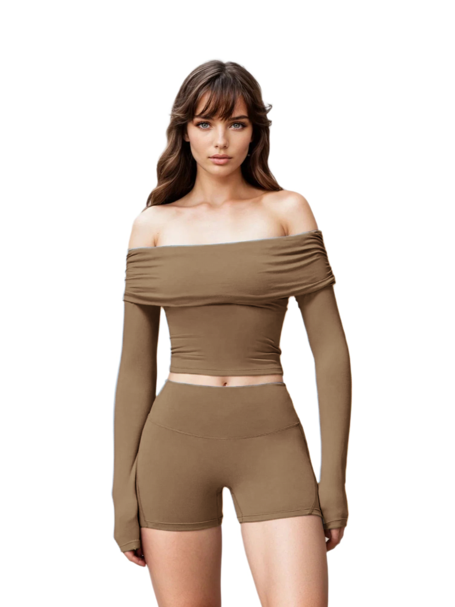 Xooie Fit off shoulder workout set in brown two-piece with long sleeves and fitted shorts