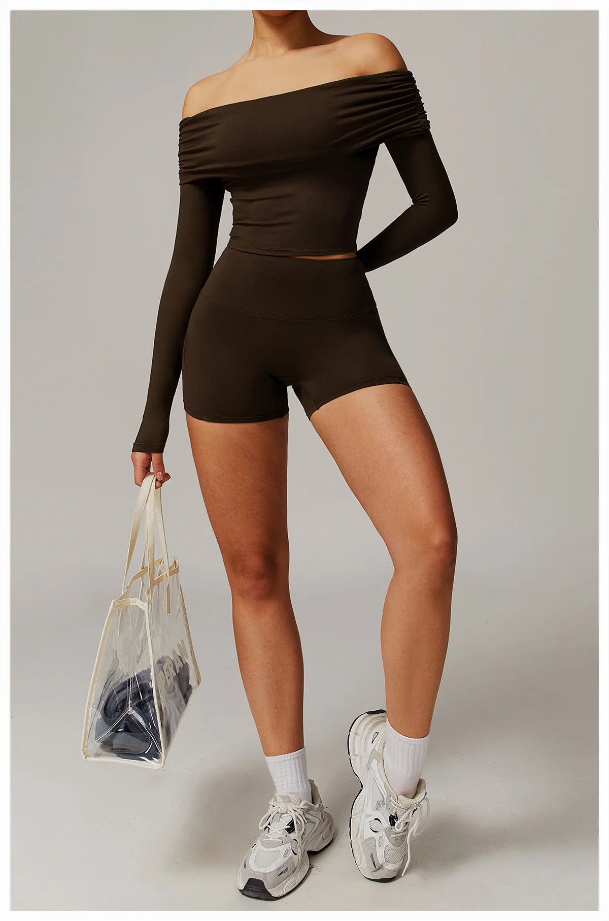 Xooie Fit off shoulder workout set with long sleeves and high-waisted shorts in dark brown
