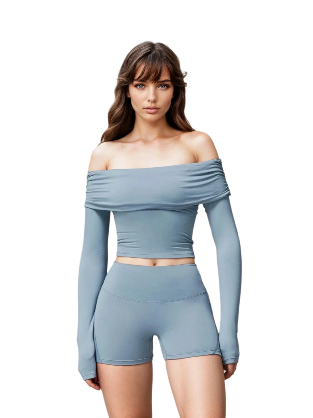 Xooie Fit light blue off shoulder workout set with long sleeves and high-waisted shorts