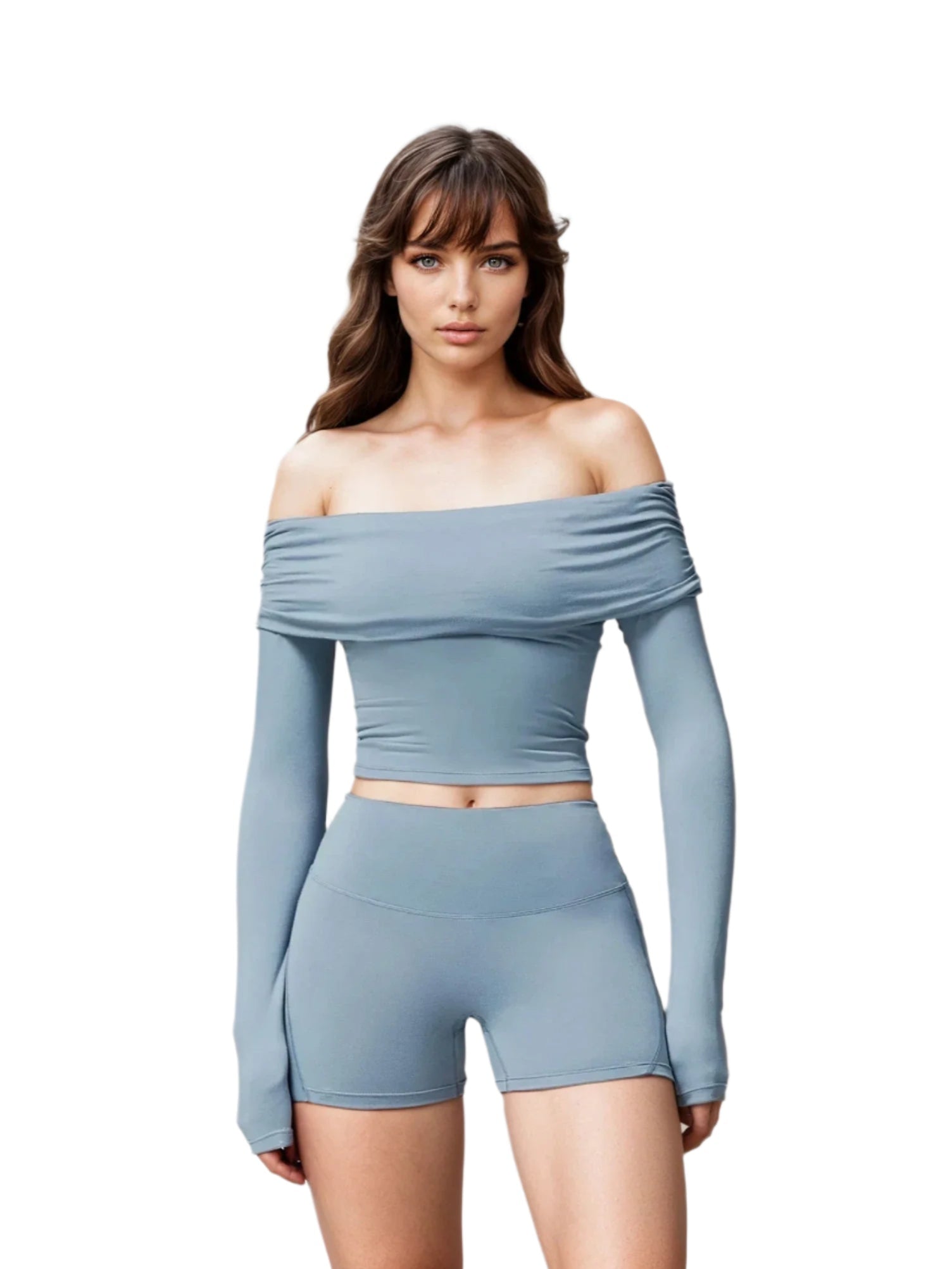 Xooie Fit light blue off shoulder workout set with long sleeves and high-waisted shorts