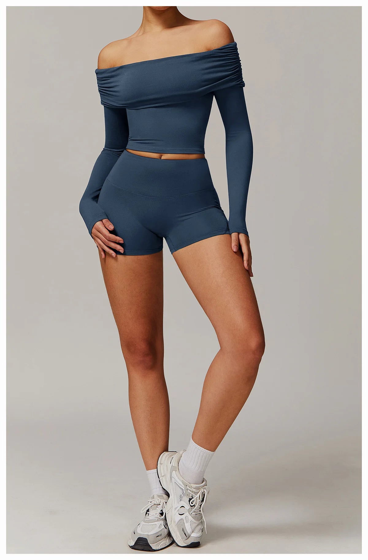 Xooie Fit navy blue off shoulder workout set with long sleeves and high-waisted shorts