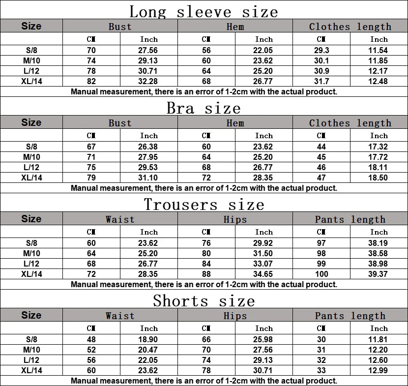 Size chart for Xooie Fit off shoulder workout set including long sleeve, bra, trousers, and shorts measurements