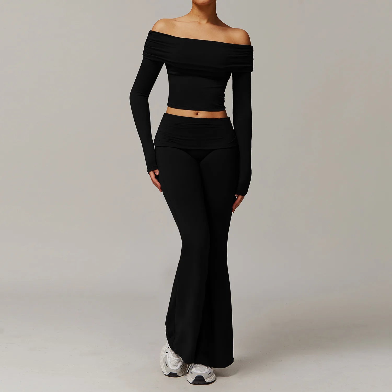 Xooie Fit off the shoulder flare pant yoga set in black two-piece long sleeve top with flare pants