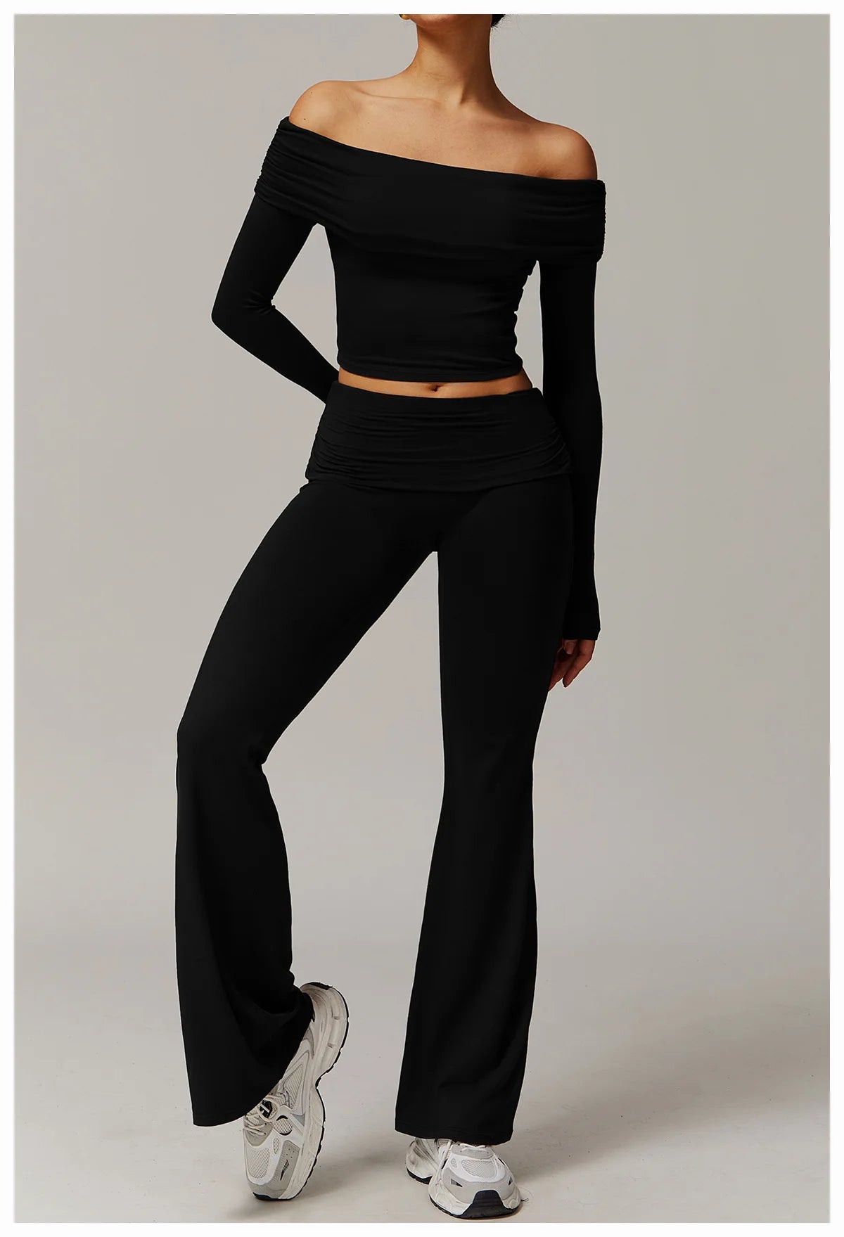 Xooie Fit black off the shoulder flare pant yoga set with long sleeves and wide leg pants