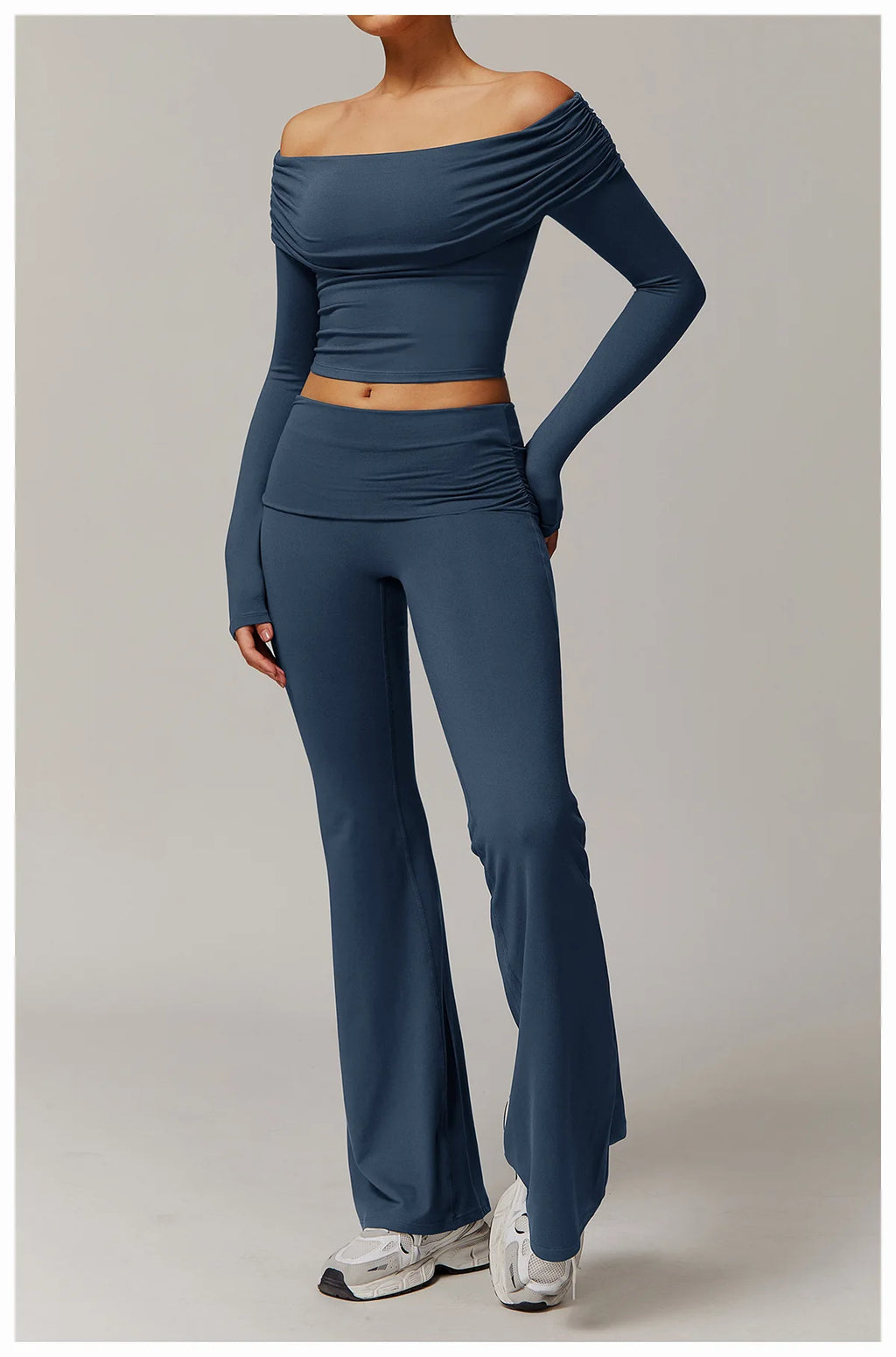 Xooie Fit off the shoulder flare pant yoga set in navy blue with long sleeves and high-waisted pants