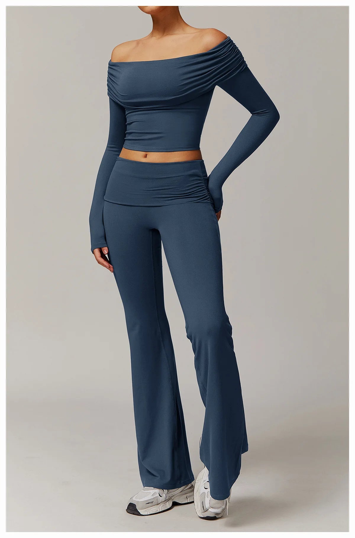 Xooie Fit off the shoulder flare pant yoga set in navy blue with long sleeves and high-waisted pants