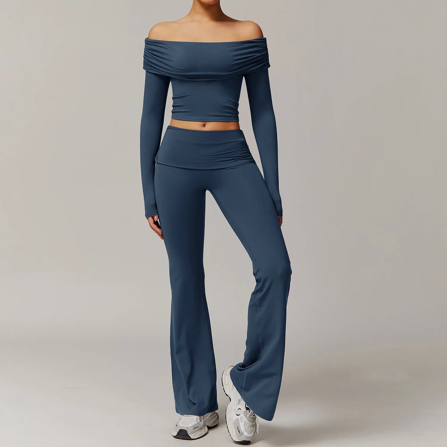 Xooie Fit off the shoulder flare pant yoga set in blue with long sleeves and wide flare pants