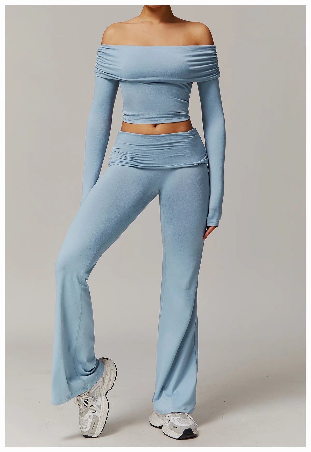 Xooie Fit off the shoulder flare pant yoga set in light blue with long sleeves and flared leggings