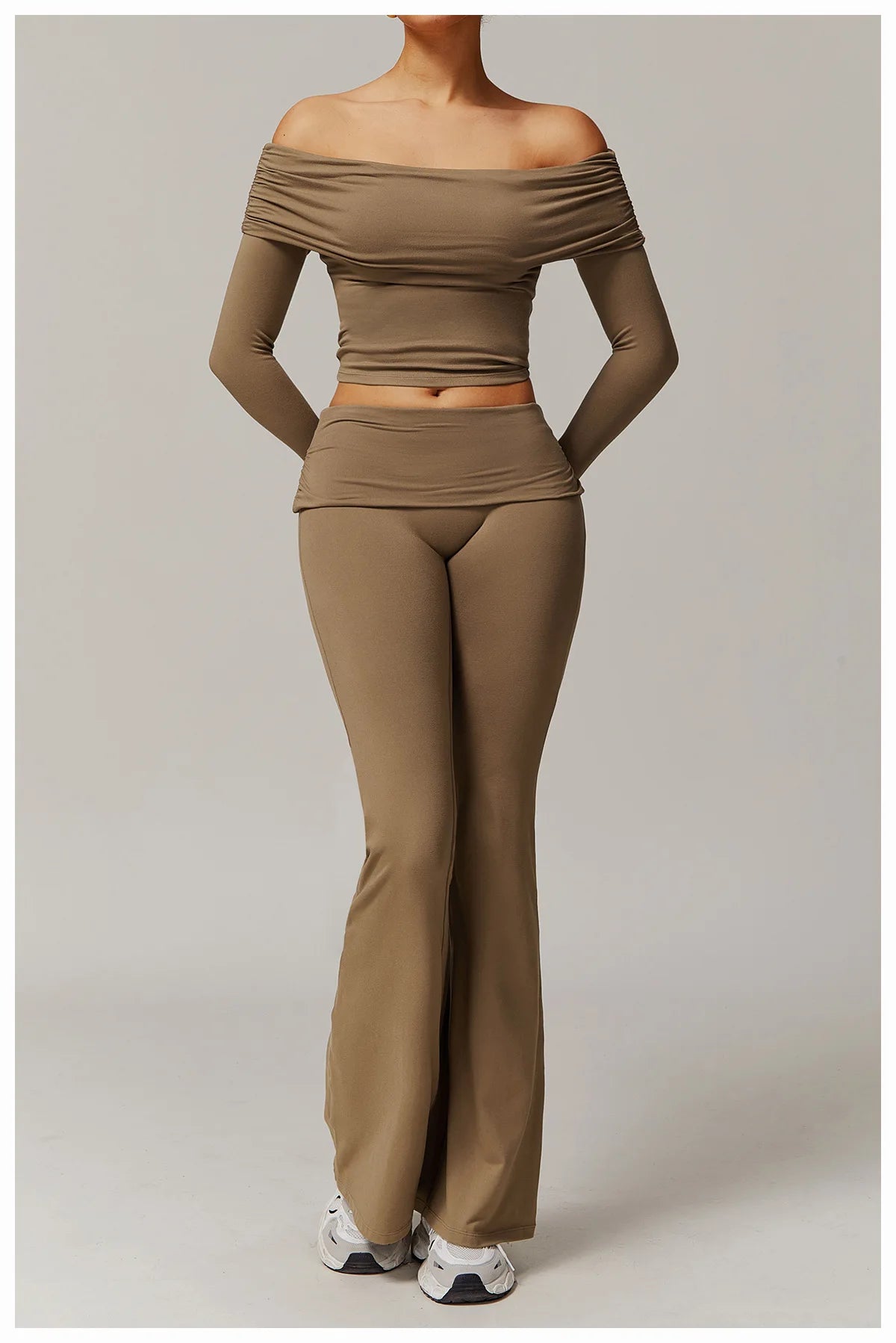 Xooie Fit off the shoulder flare pant yoga set in brown two-piece comfortable stretch fabric