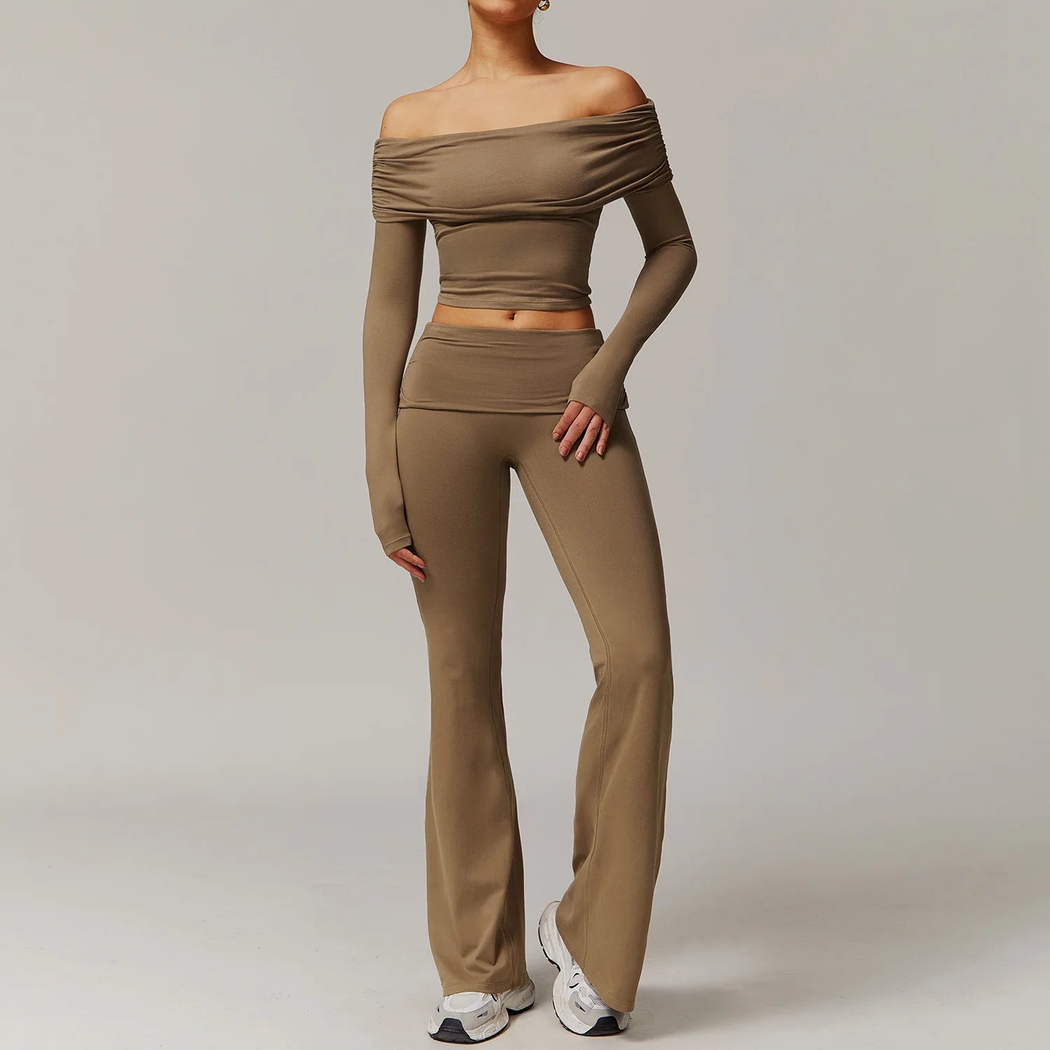 Xooie Fit off the shoulder flare pant yoga set in brown with long sleeves and fitted flare pants