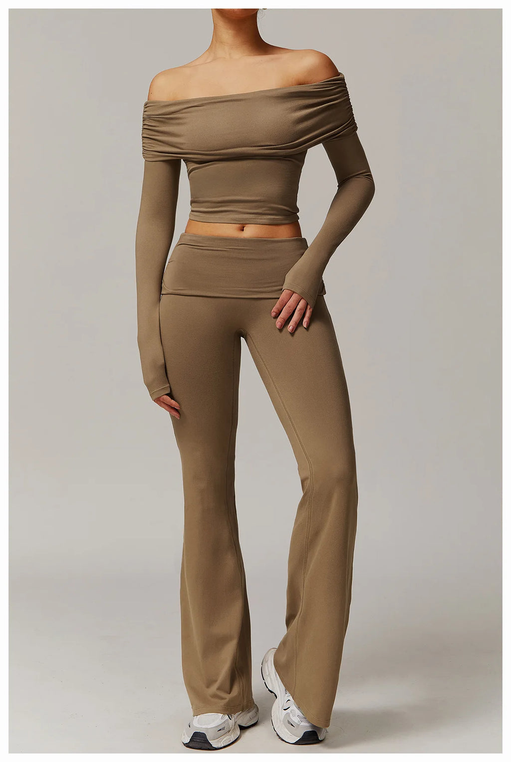 Xooie Fit off the shoulder flare pant yoga set in brown with long sleeves and fitted silhouette