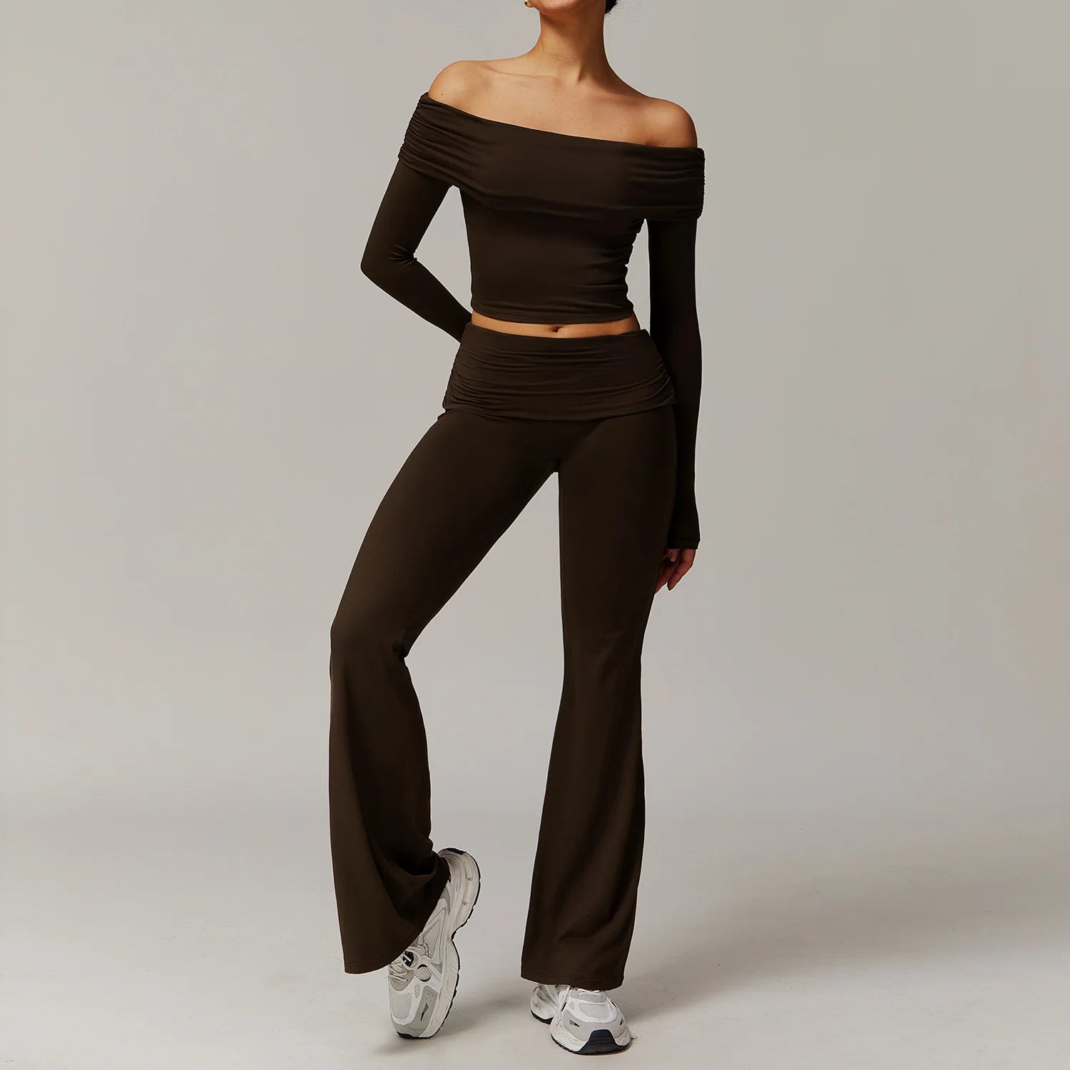 Xooie Fit off the shoulder flare pant yoga set in black two-piece outfit with long sleeves