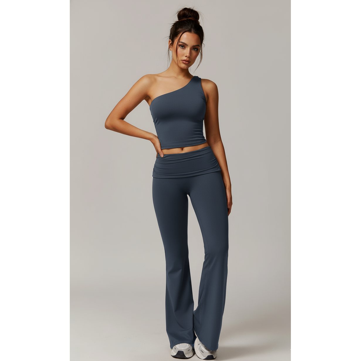 off the shoulder top with flare pants set blue