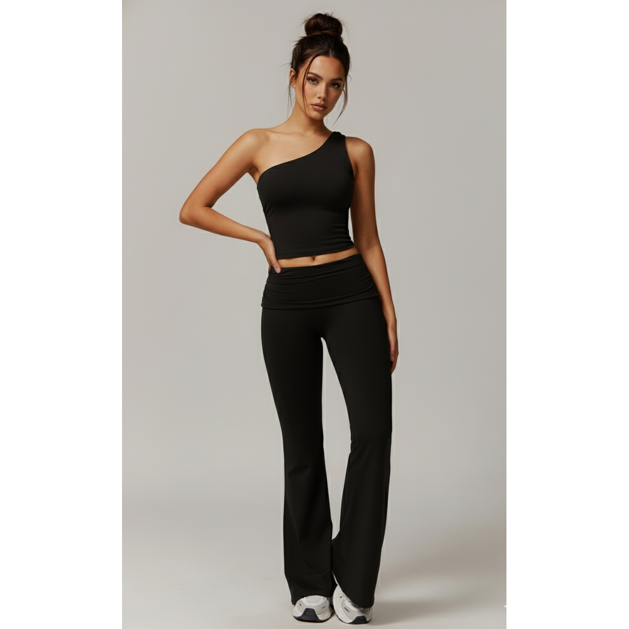off the shoulder top with flare pants set black