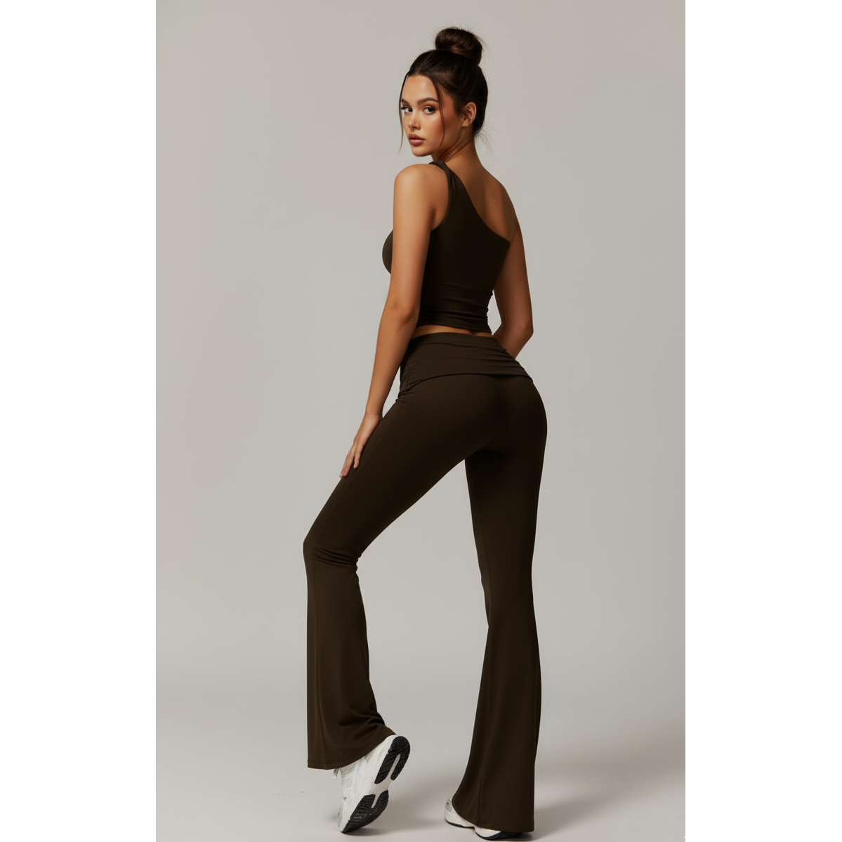 off the shoulder top with flare pants set brown