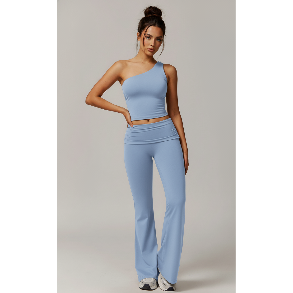 off the shoulder top with flare pants set light blue