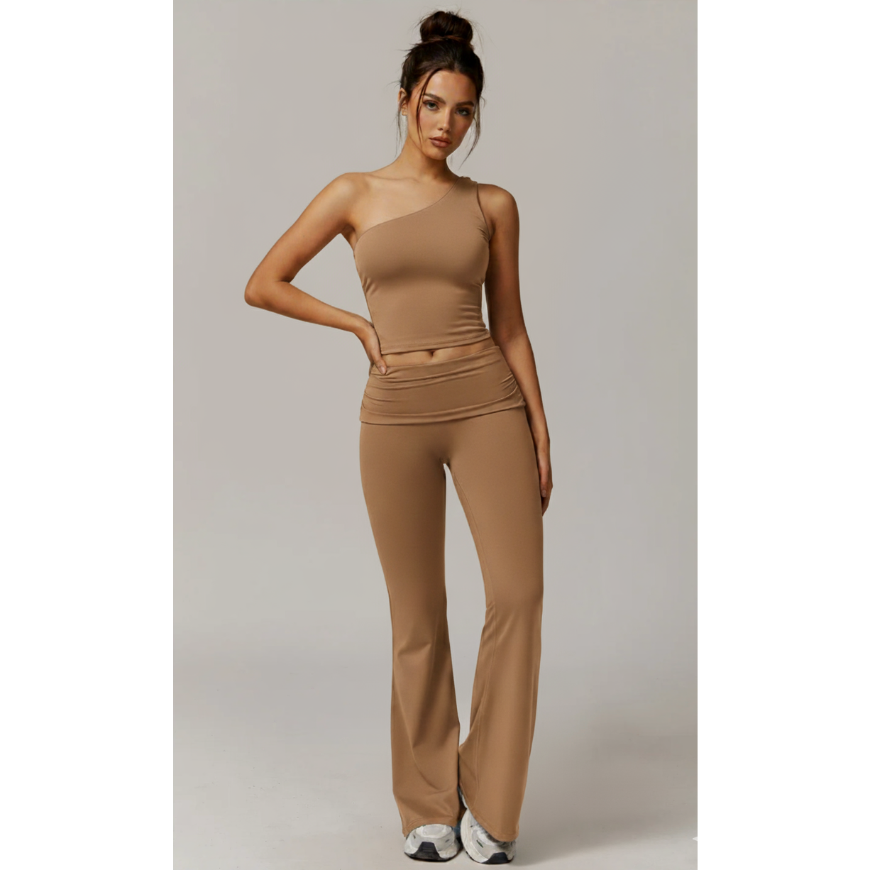 off the shoulder top with flare pants set tan