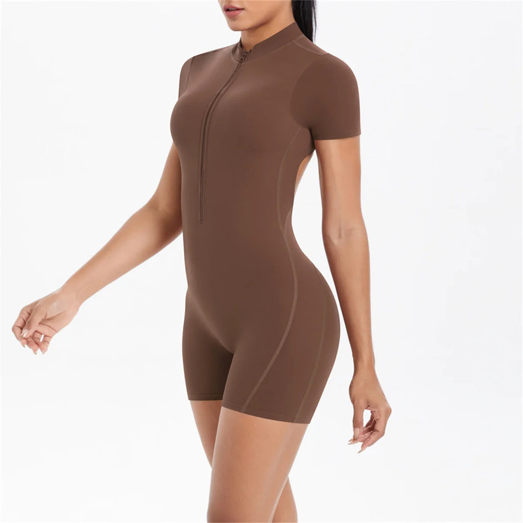 Xooie Fit one-piece workout jumpsuit with zipper in brown for comfortable gym sessions