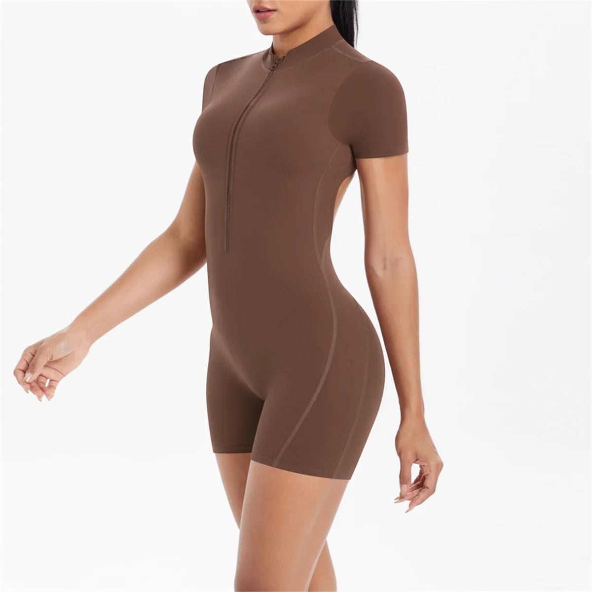 Xooie Fit one-piece workout jumpsuit with zipper in brown for comfortable gym sessions