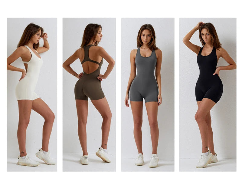 Xooie Fit open-back fitness romper in various colors, perfect for workouts and casual wear