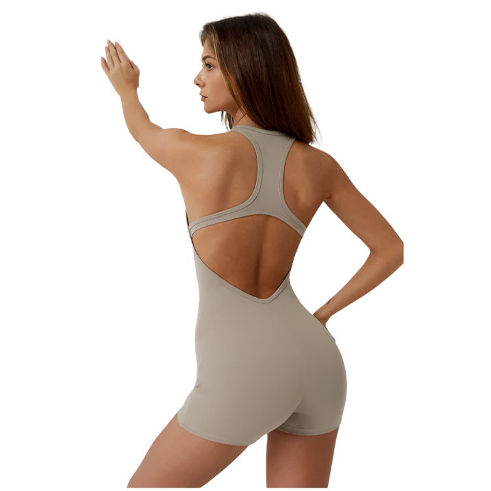 Xooie Fit open-back fitness romper in taupe with a sleek design for active women