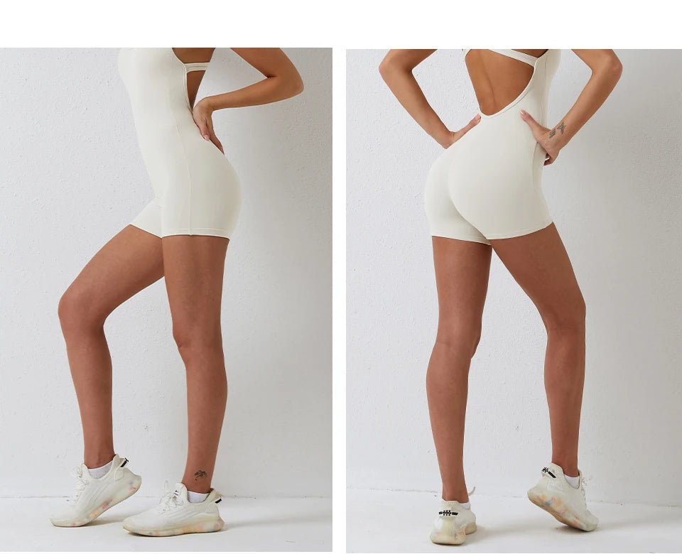 Xooie Fit open-back fitness romper in white featuring a sleek design for active wear