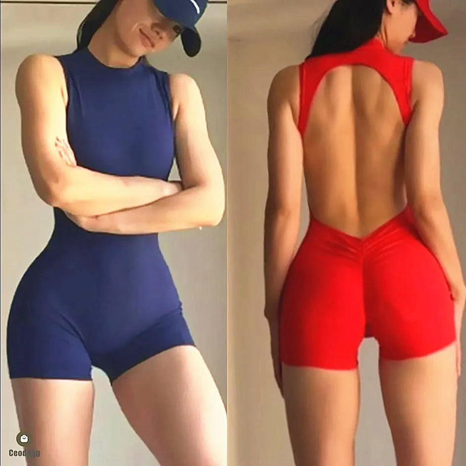 Xooie Fit open-back romper for workouts in navy and red featuring a stylish cut and comfortable fit