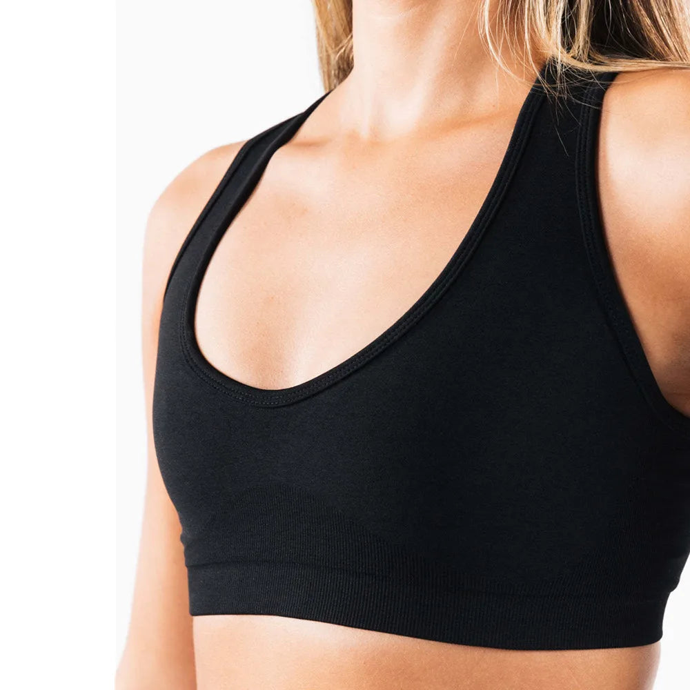 Xooie Fit open-back workout bra in black with a sleek design for activewear comfort