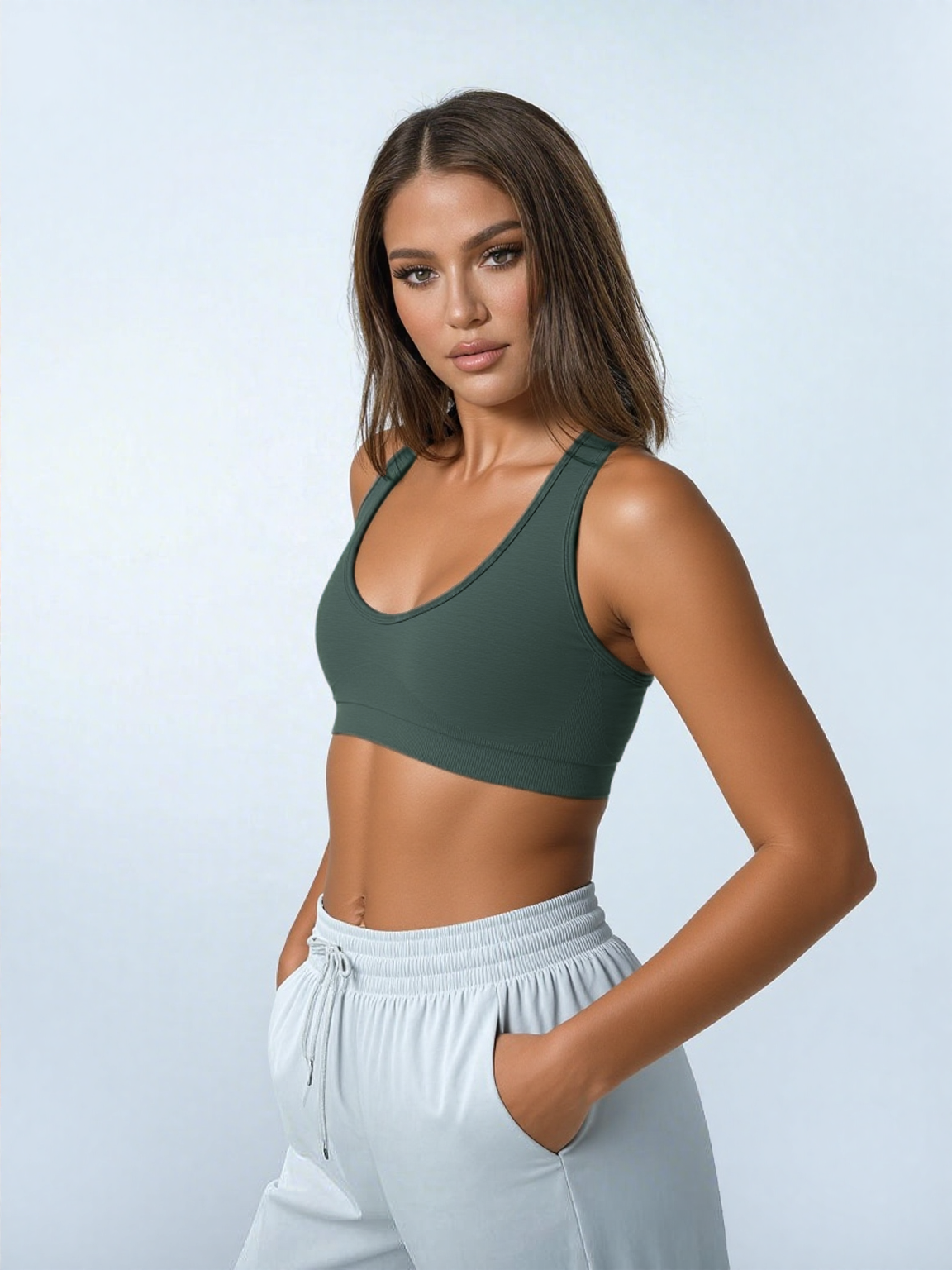 Xooie Fit open-back workout bra in olive green, perfect for activewear and comfortable fitting.
