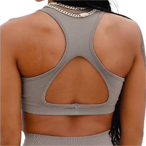Xooie Fit open-back workout bra in gray with a stylish cut for maximum breathability