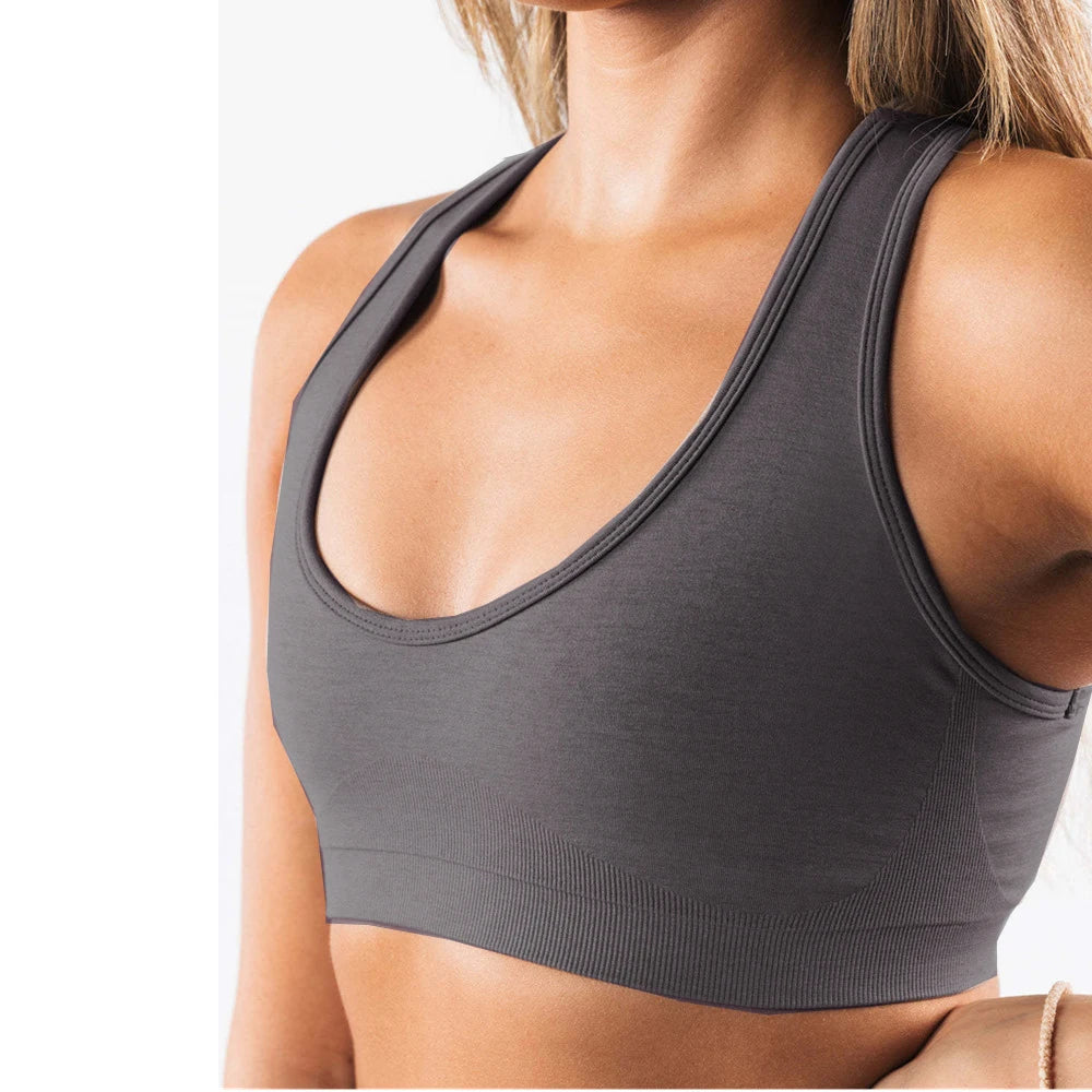 Xooie Fit open-back workout bra in gray with comfortable and stylish design for active wear